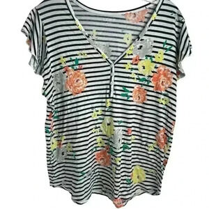 Loft Women's V-Neck Striped Floral T-Shirt Multicolor Size L